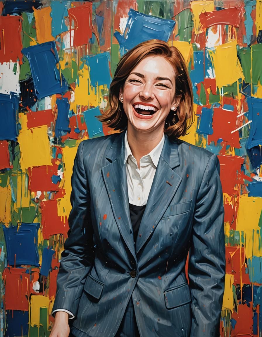 Laughing Woman Portrait in Warhol-Inspired Oil Painting
