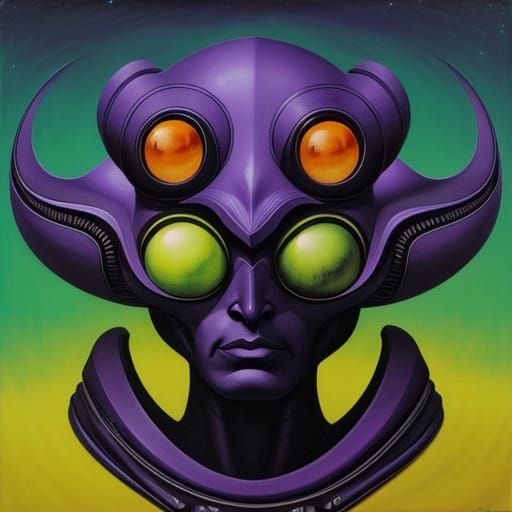 An exotic alien, surreal, Vincent Di Fate, triadic colors violet, orange, green