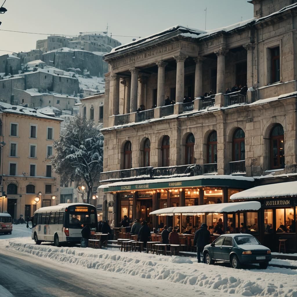 Bustling Cafe in European City: Cinematic Film Still