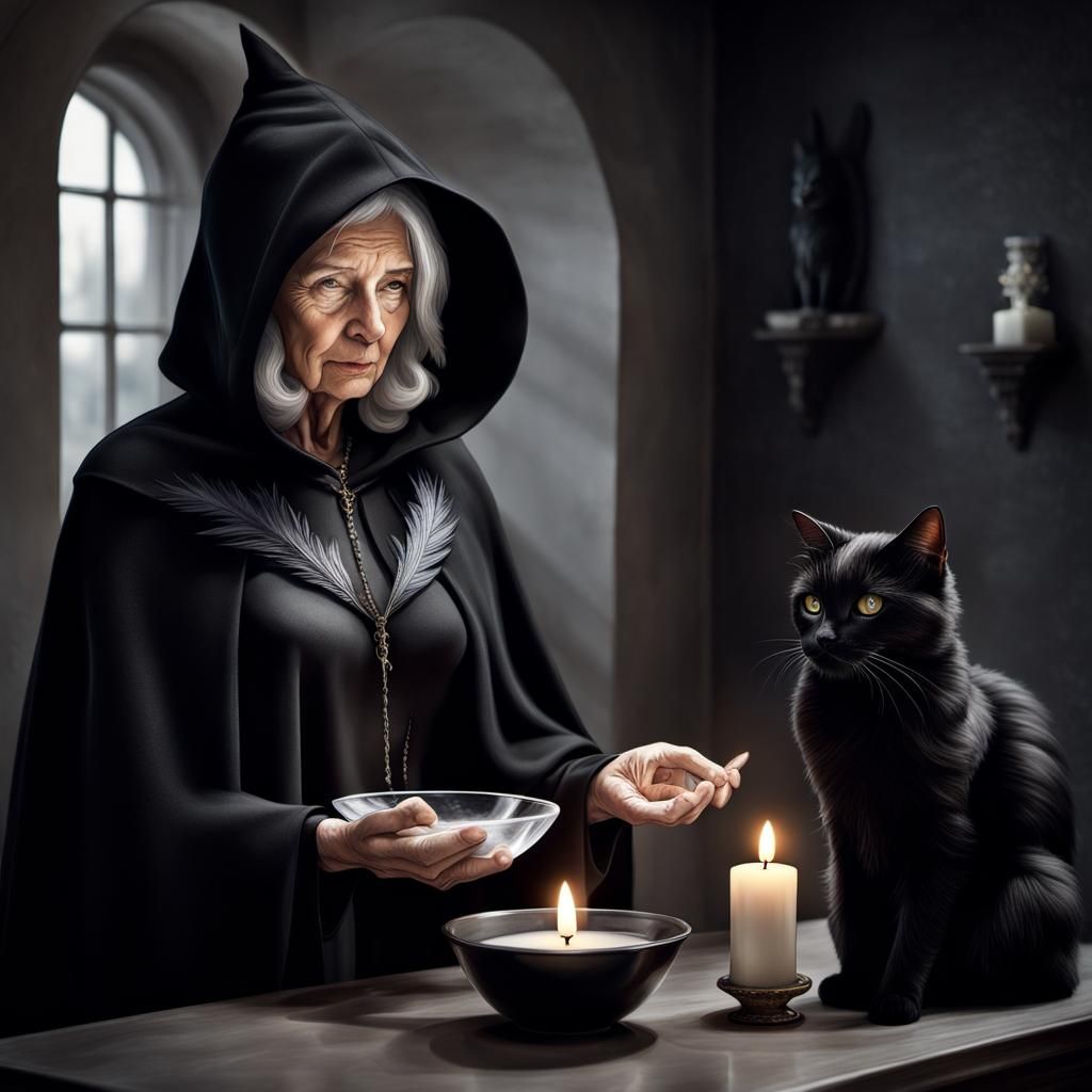 Hyperrealistic Portrait of Woman with Black Cat