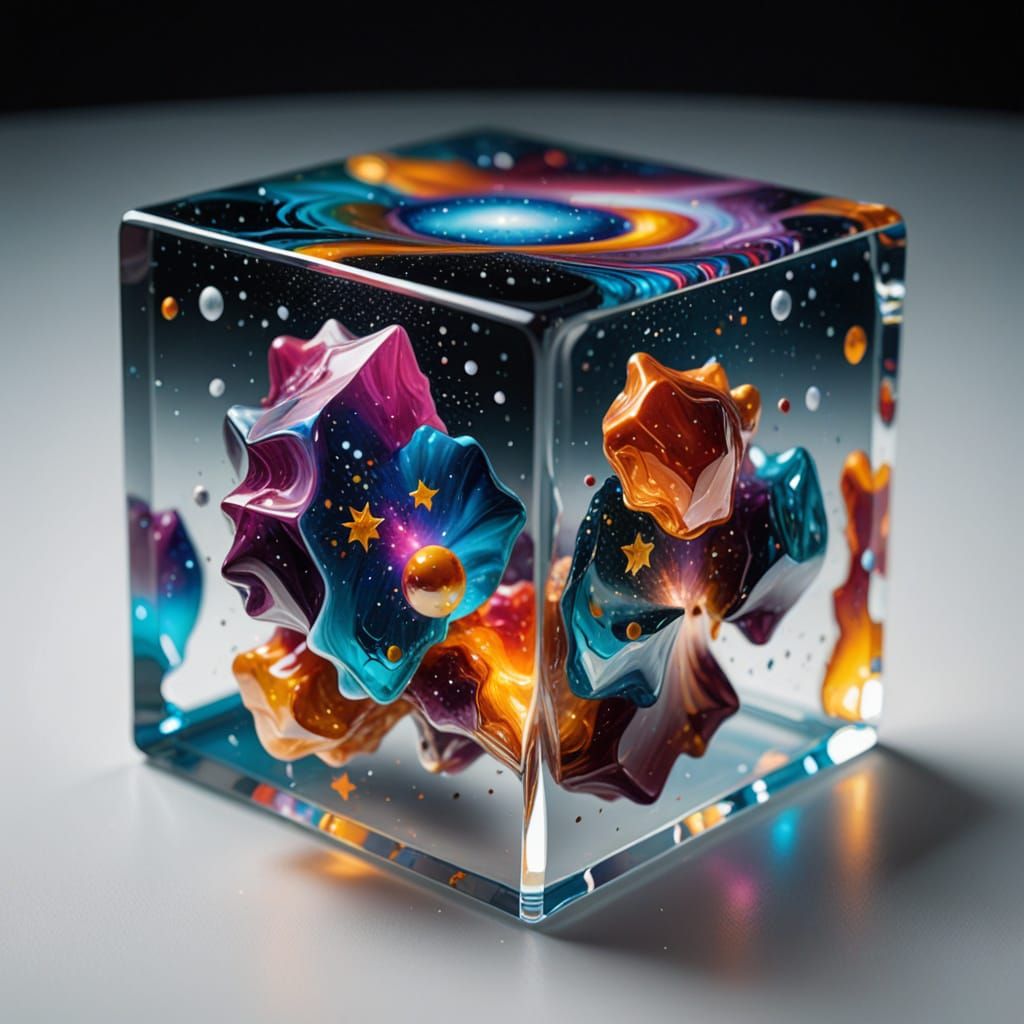 Surreal Cosmic Glass Cube in Vibrant Oil Painting