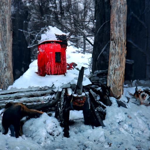 Winter Survival Scene with Red Lantern and Axe