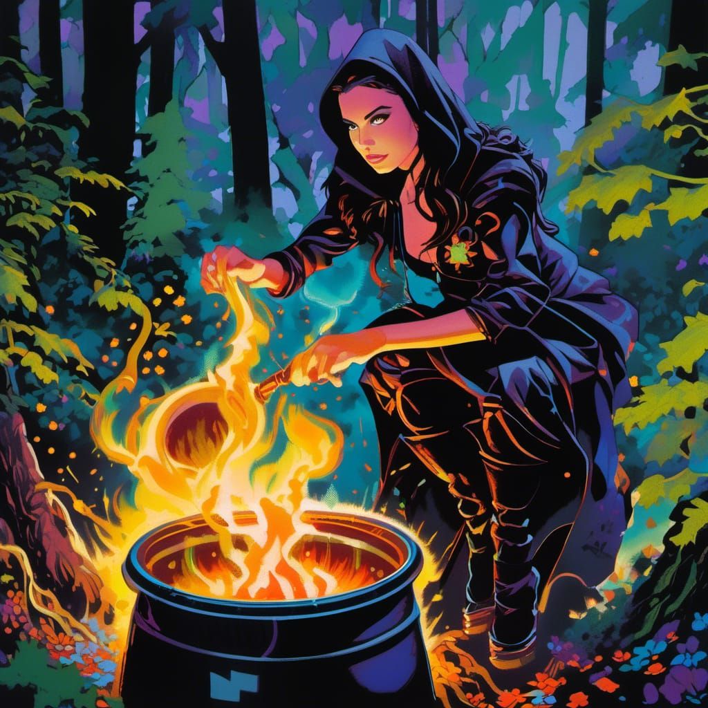 Fantasy Witch Stirring Cauldron in Graffiti Art Style