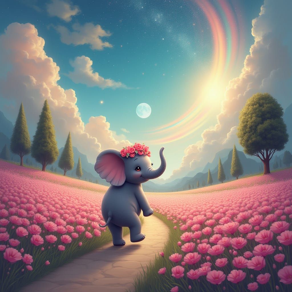 Elephant in Dreamlike Pink Flower Field