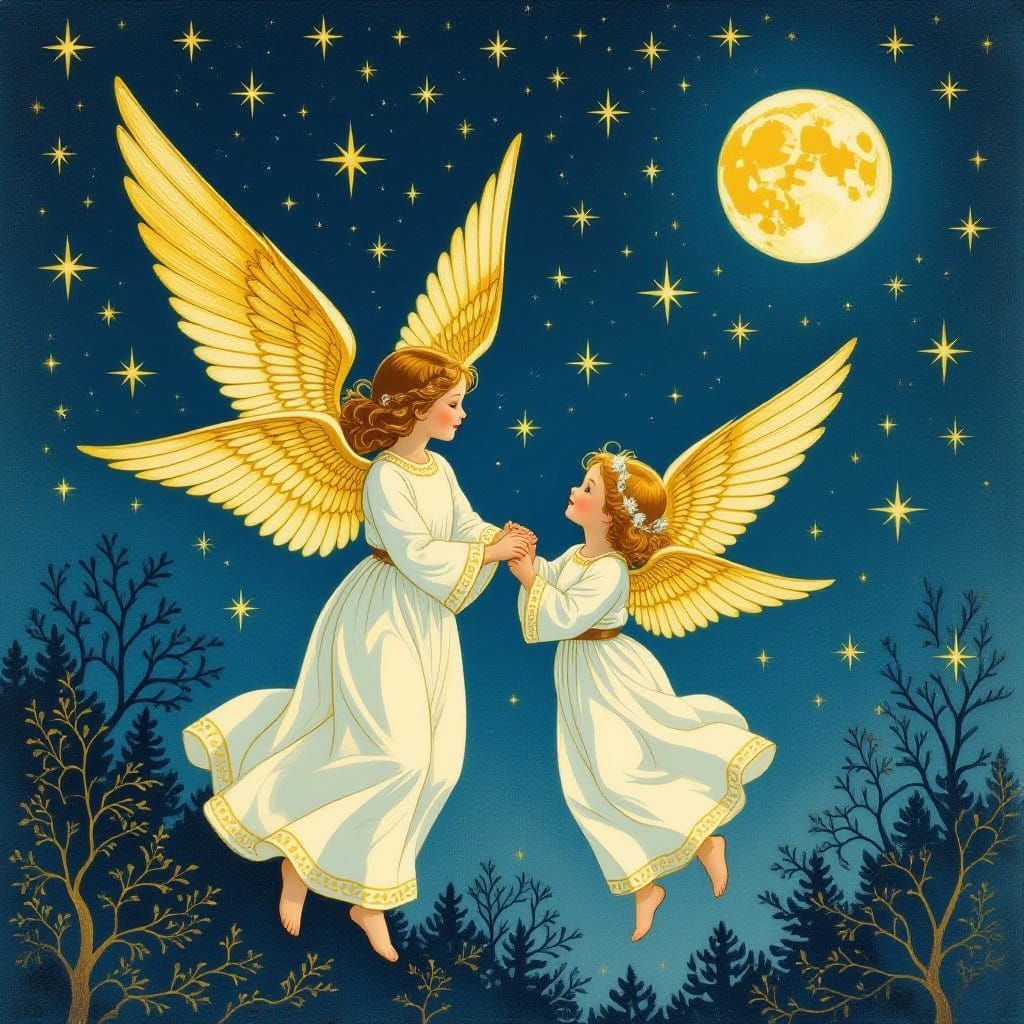 Christmas Angels Flying in a Starry Winter Sky