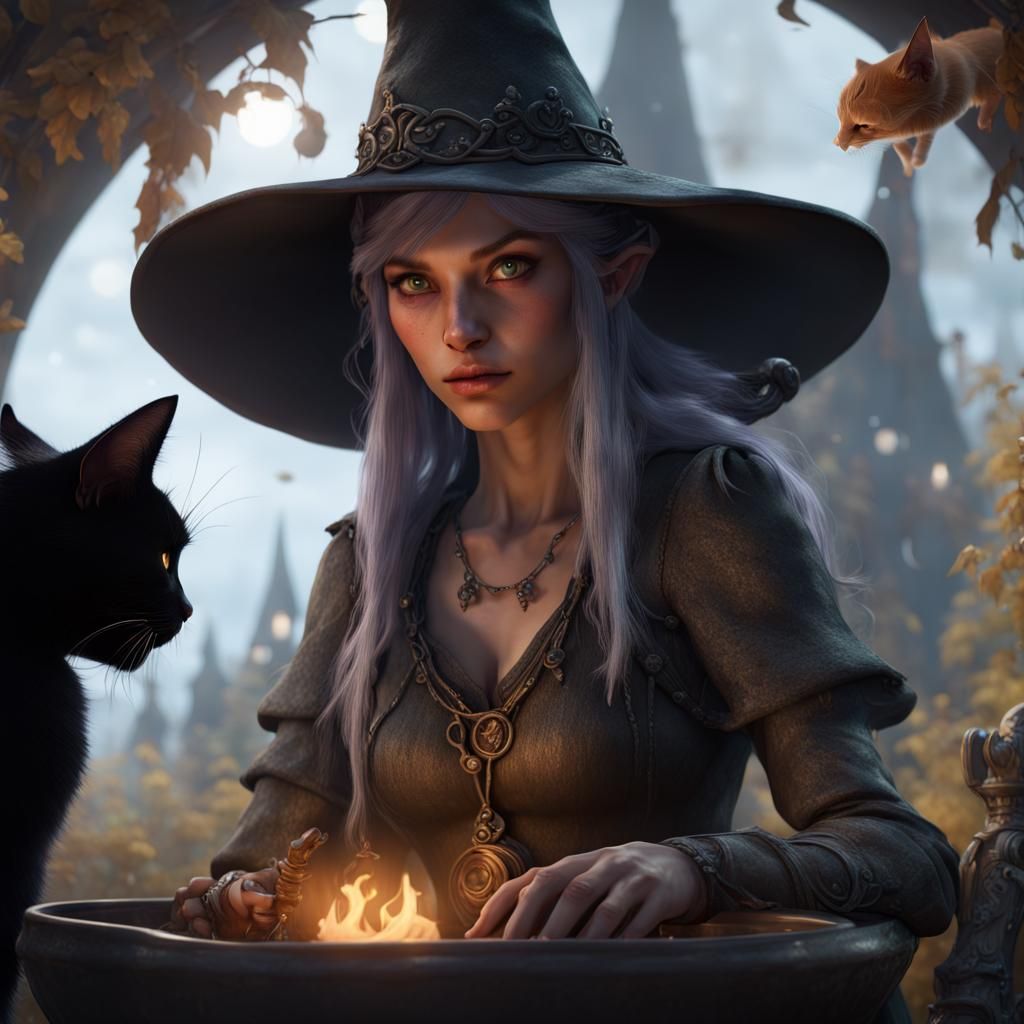 Elf Witch with Black Cat Fantasy Art