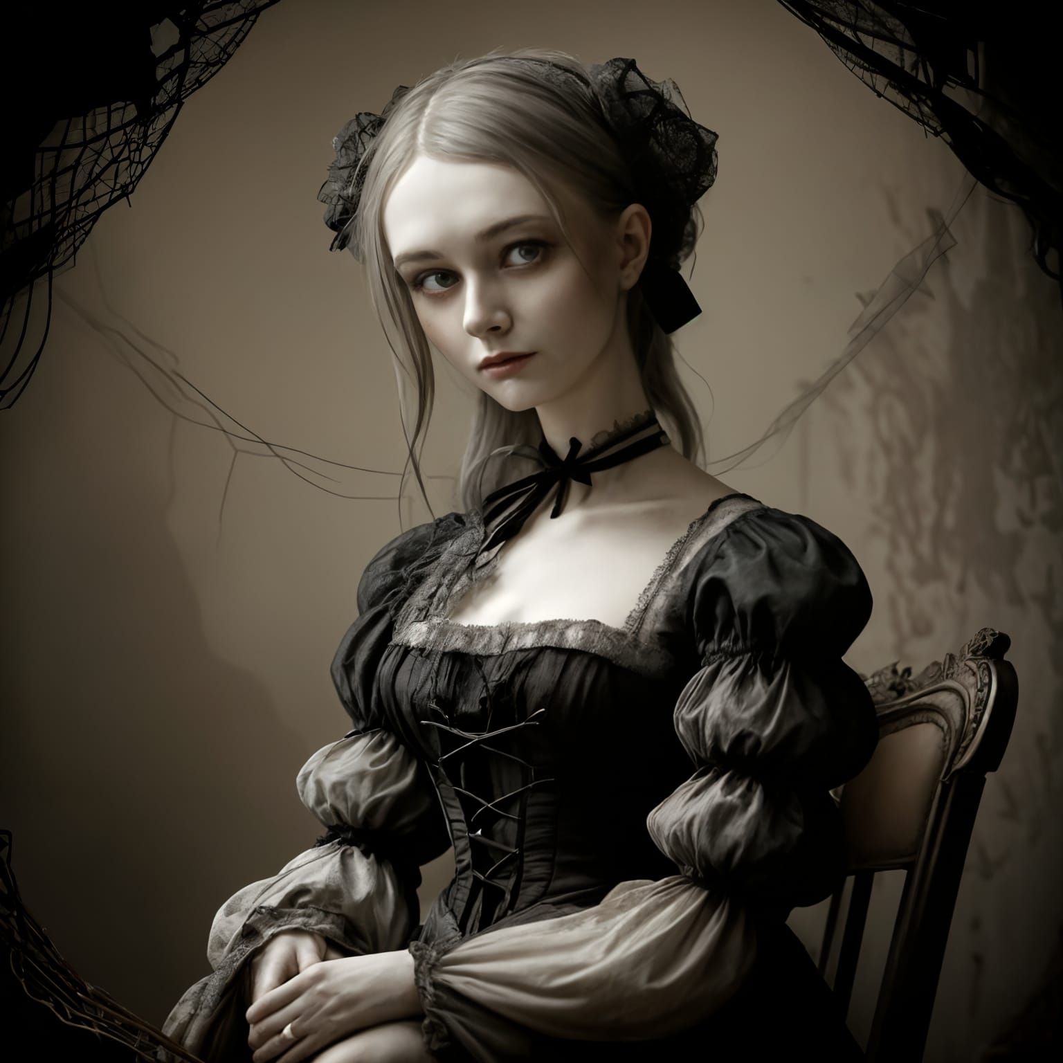 Macabre Porcelain Doll Portrait in Victorian Gothic Style