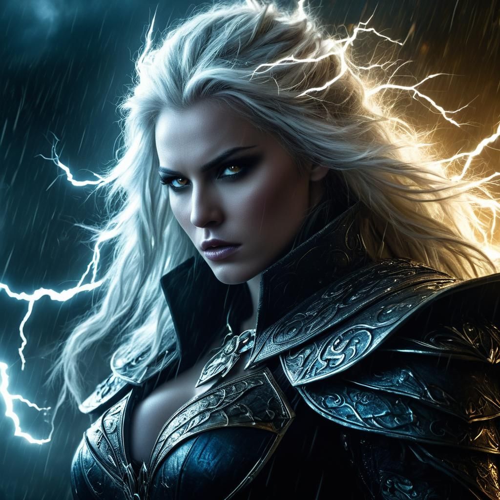 Intimidating Lightning Sorceress in Oil Painting Style