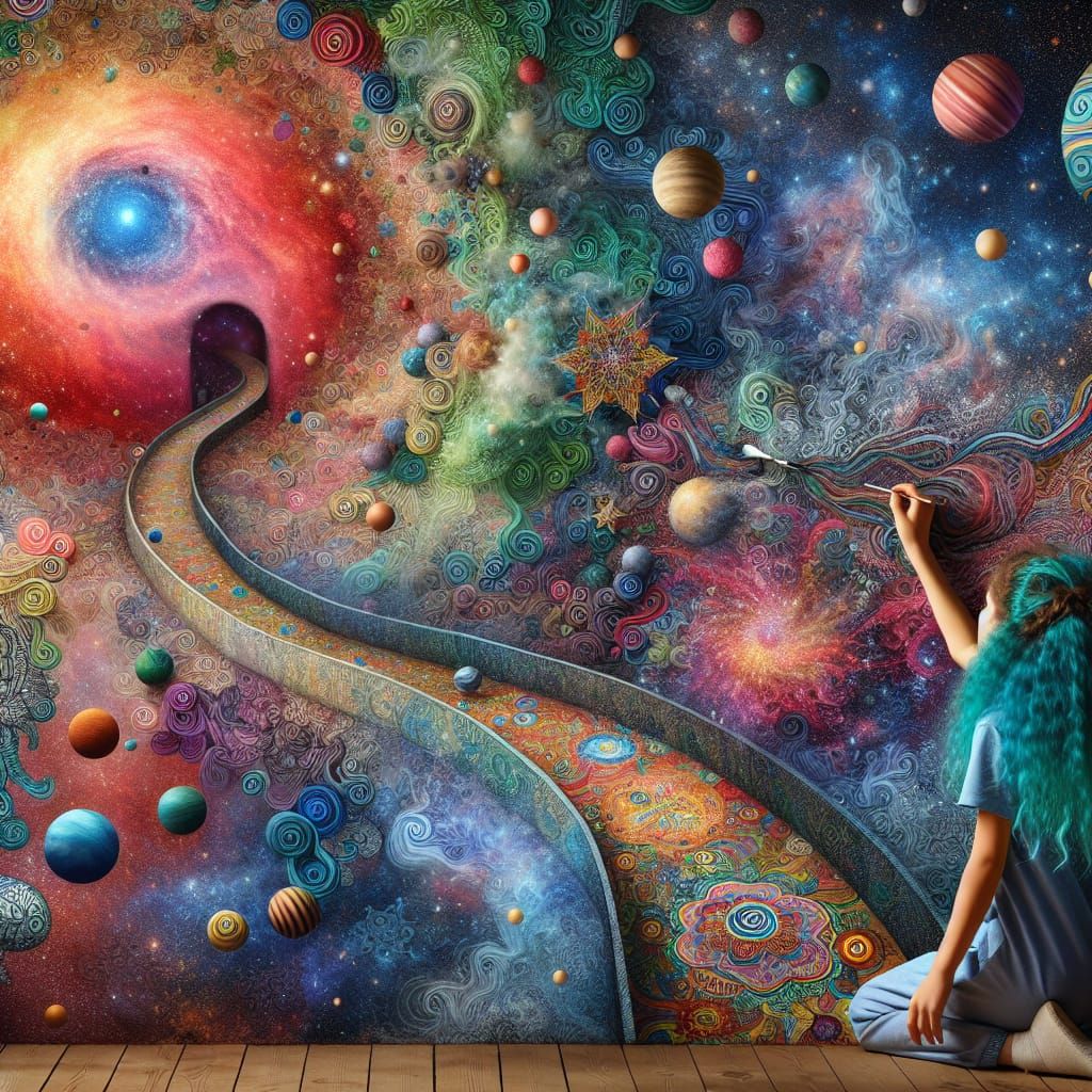Surreal Galaxy Mural Painting with Zentangle Elements