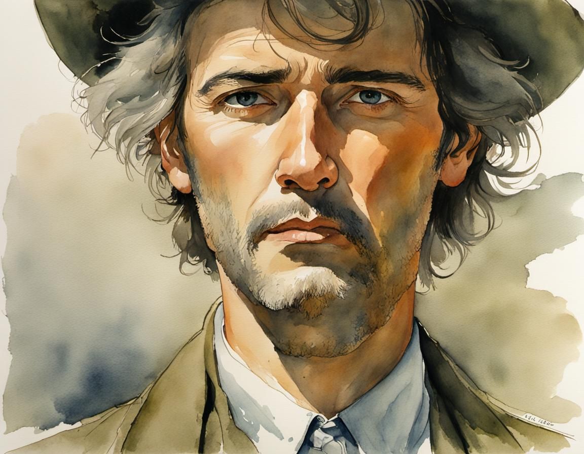 Disheveled Man: Watercolor Portrait in Wyeth Style