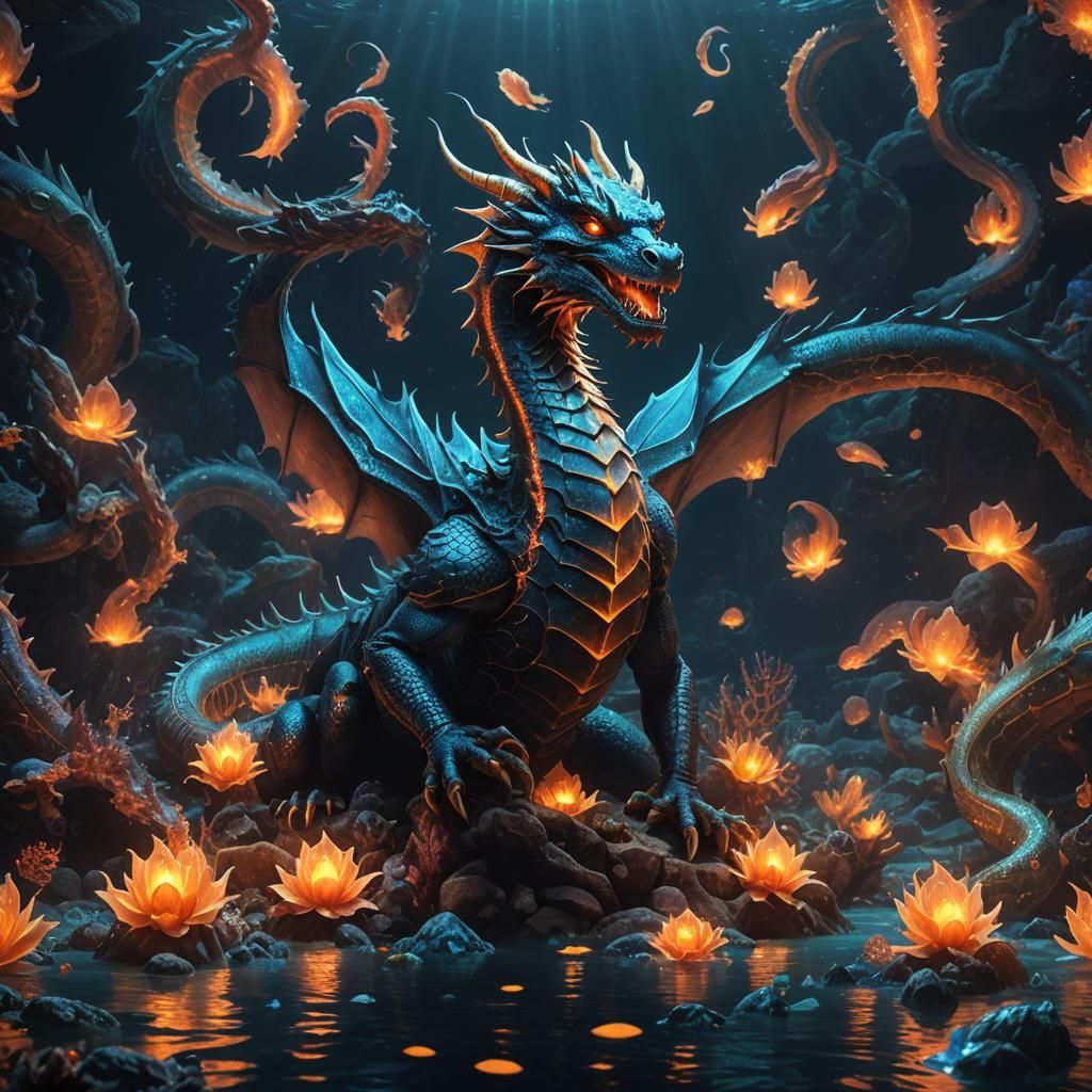 Meditating Dragon with Bioluminescent Deep Sea Monsters