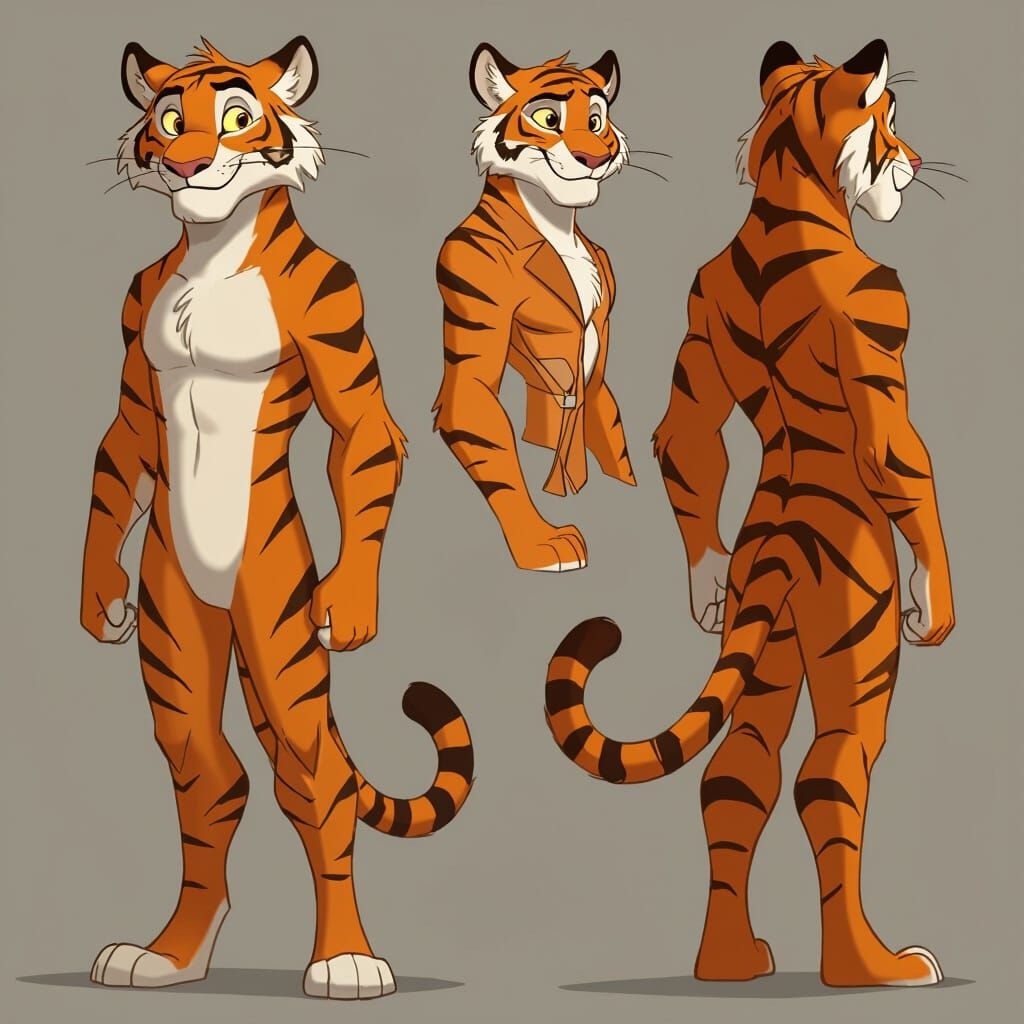 Lanky Anthropomorphic Tiger Character Reference Sheet