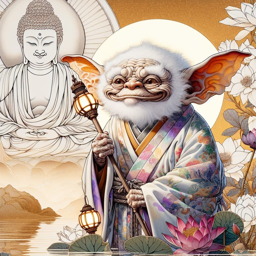 Ukiyo-e Gremlin Amidst Buddha and Lotus Flowers