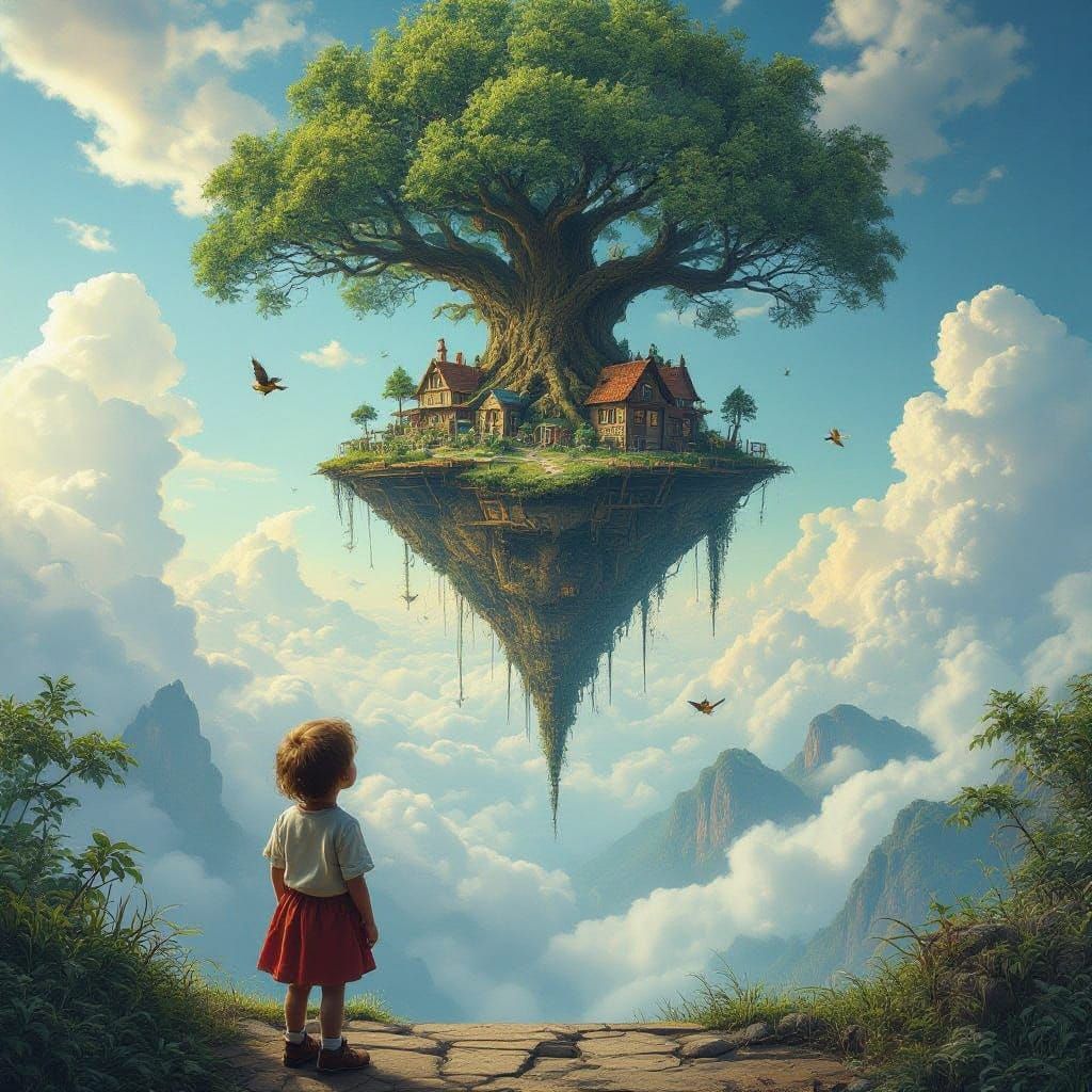 Whimsical Upside Down Village Under Yggdrasil