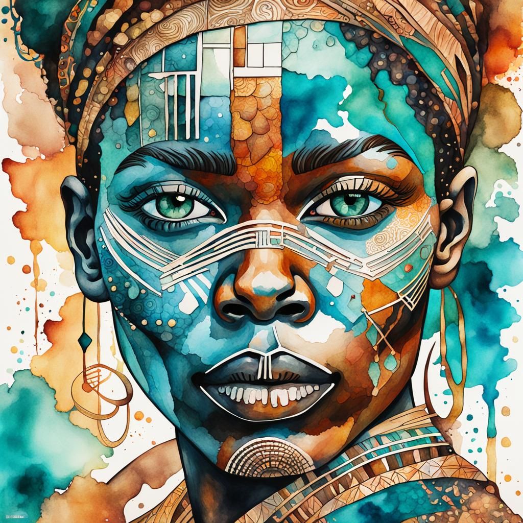 Abstract African Woman Portrait in Watercolor Style