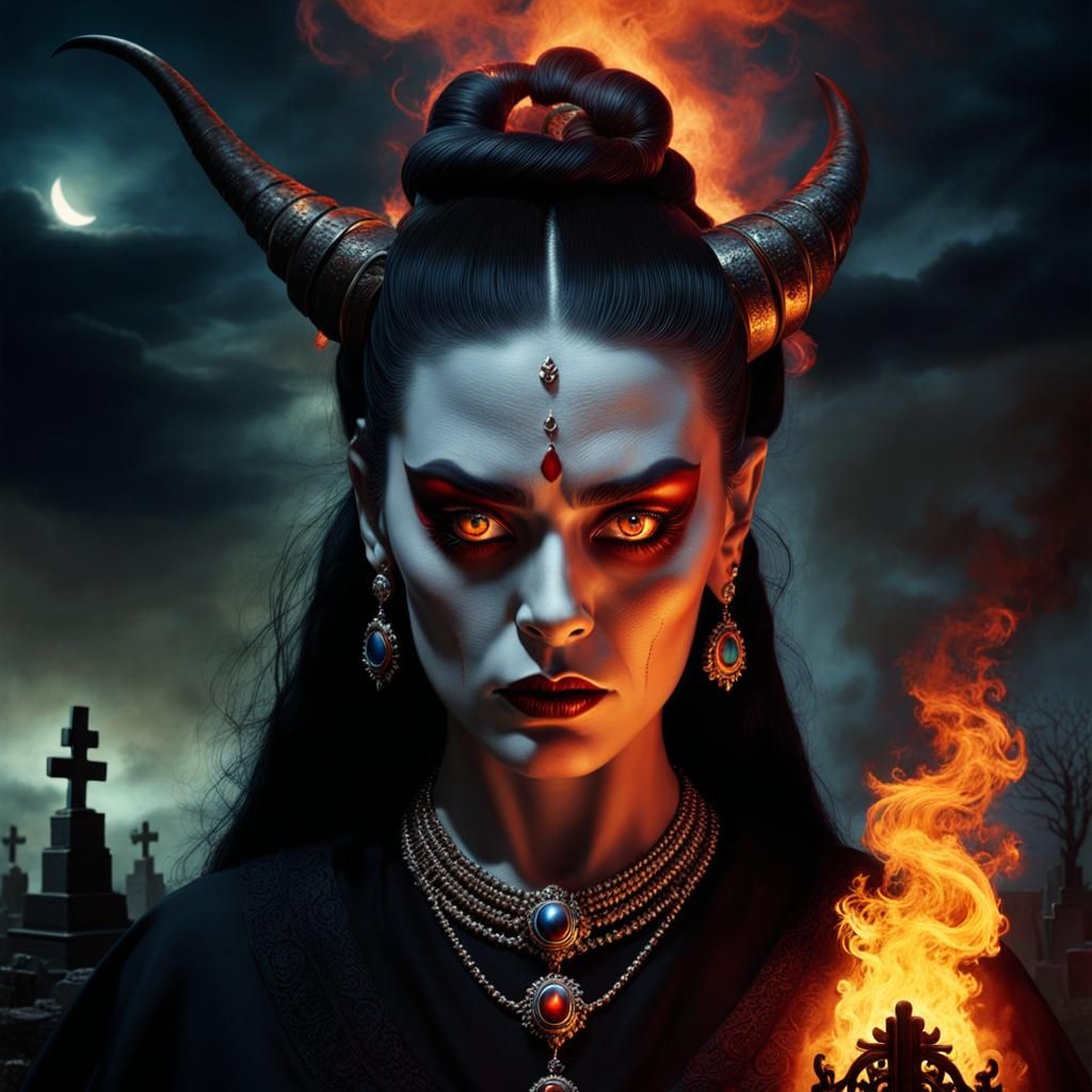 Ancient Demon in Moonlit Graveyard: Dark Fantasy Art