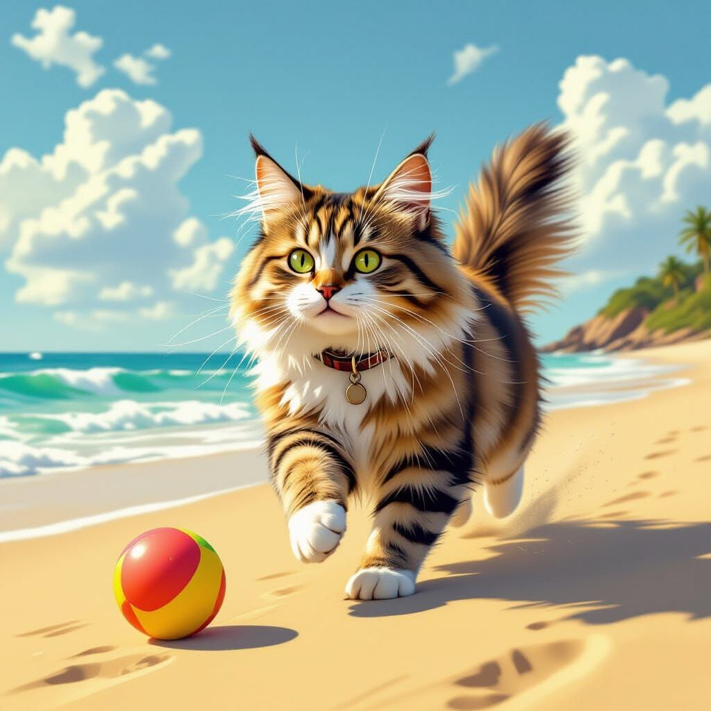Fluffy Cat Chases Ball on Sun-Kissed Beach