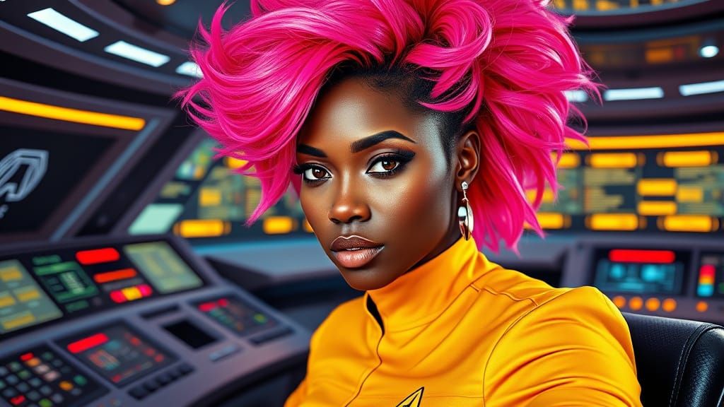 Stunning Black Woman in Futuristic Starship Console