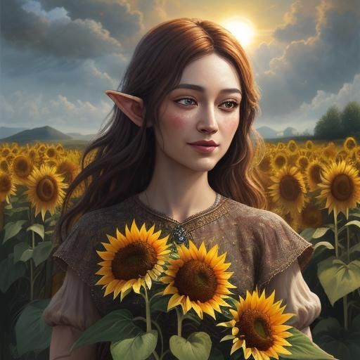 Elven Children Play in Sunflower Field: Pointillism Art