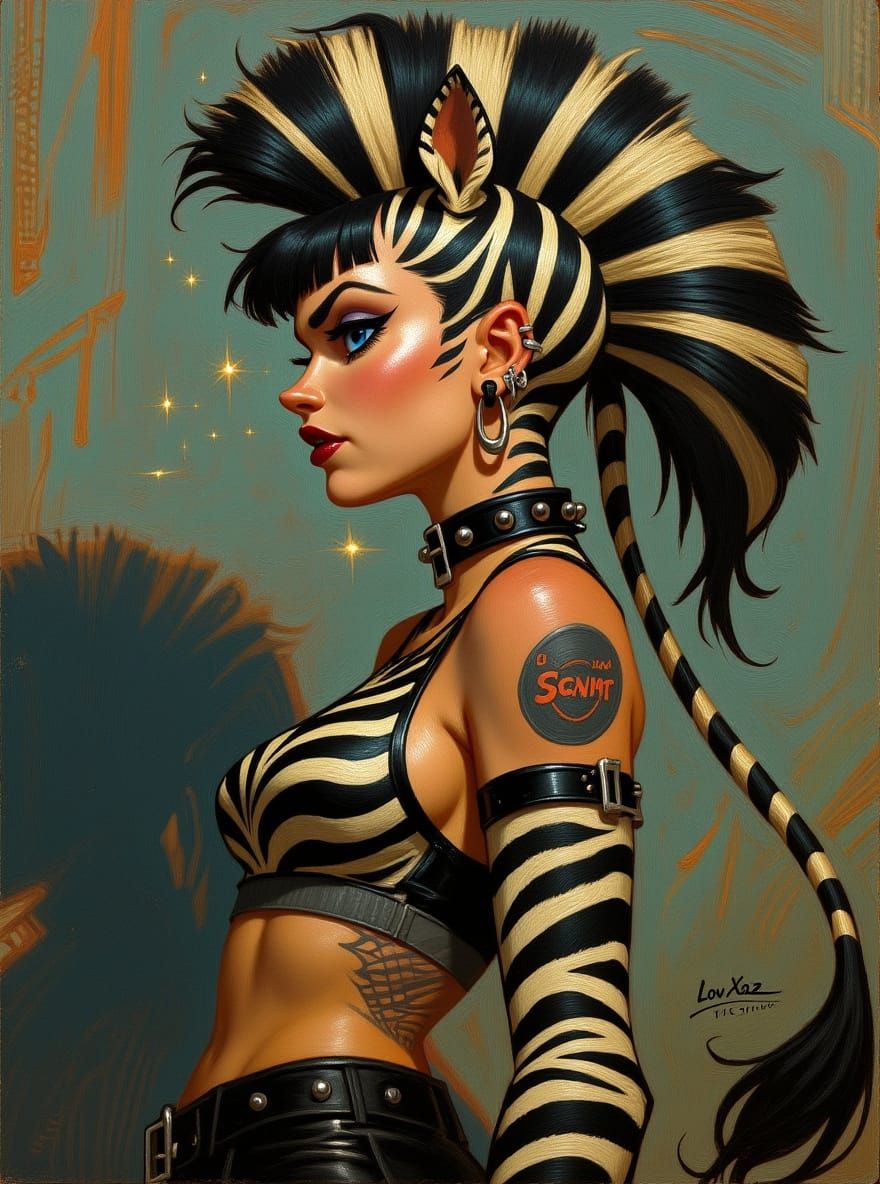Punk Zebra-Inspired Woman Portrait, Oil Painting