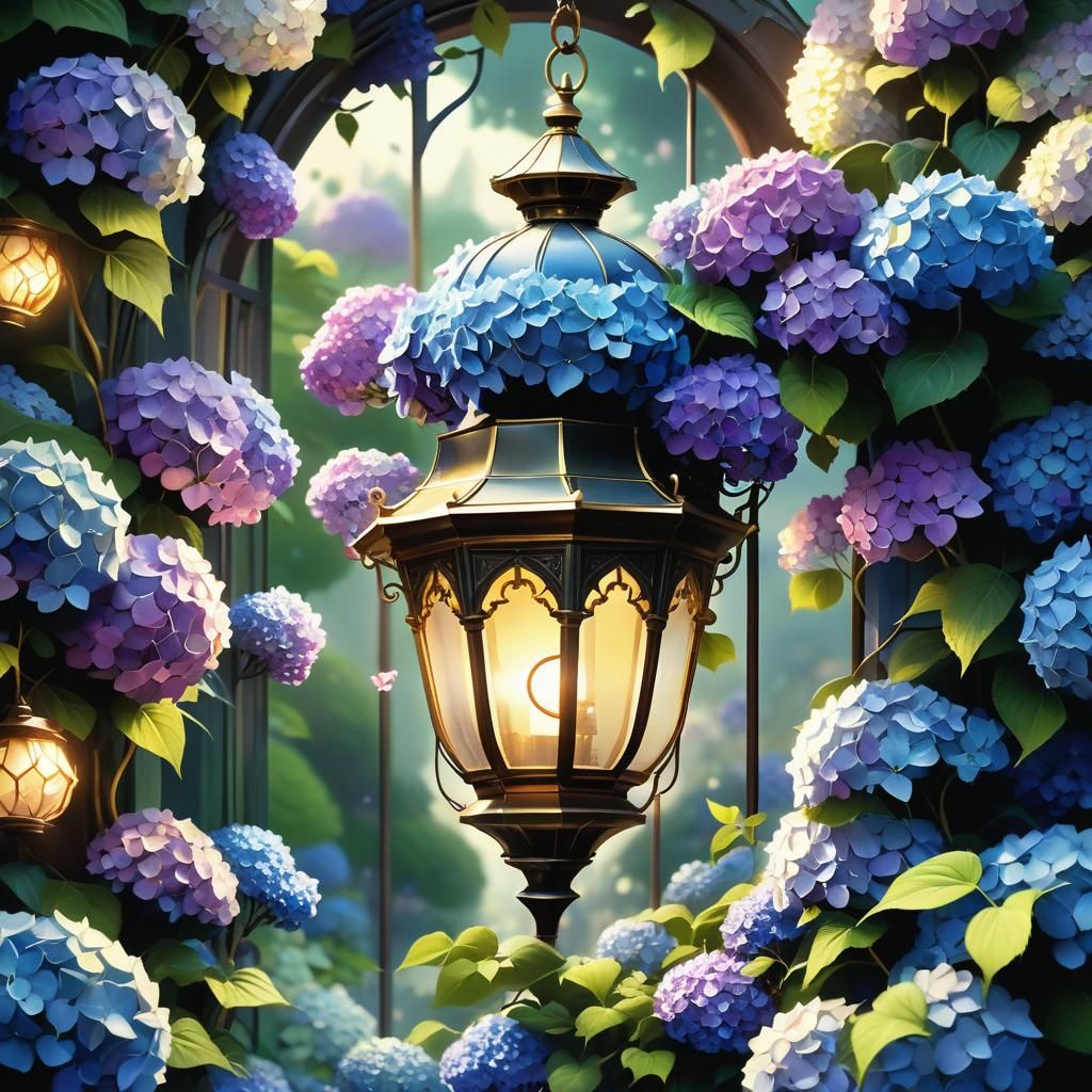 Mysterious Hydrangea Garden with Glowing Lantern
