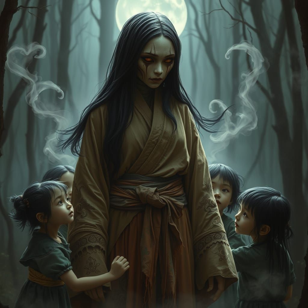 Eerie Mu-onna with Children in Moonlit Forest