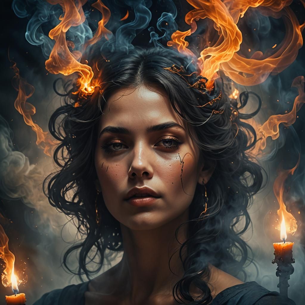 Dark Fantasy Woman with Smoke Spirits, Digital Art