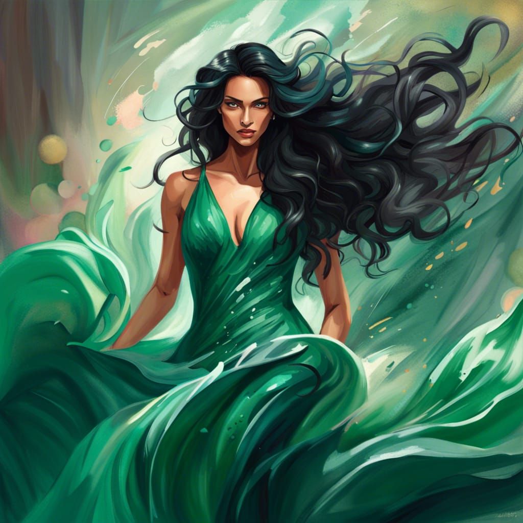Confident Woman in Jade Gown: Hyperrealistic Splash Art