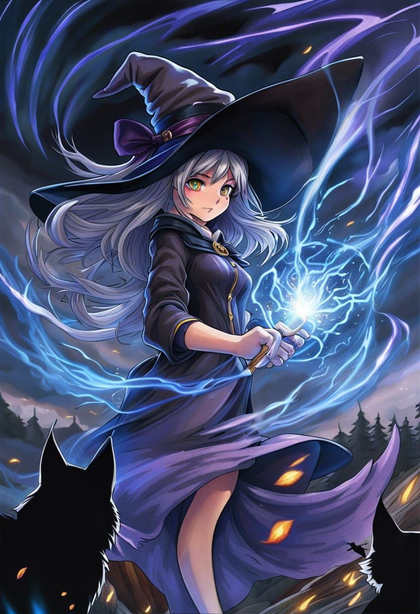 Intense Witch Casting Spell in Anime Art Style
