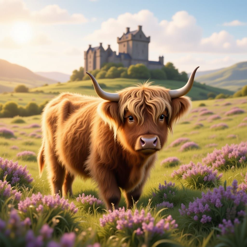 Cute Scottish Highland Cow in a field of heather with a castle in the background.<lora:Super Cute Cow:1.0>