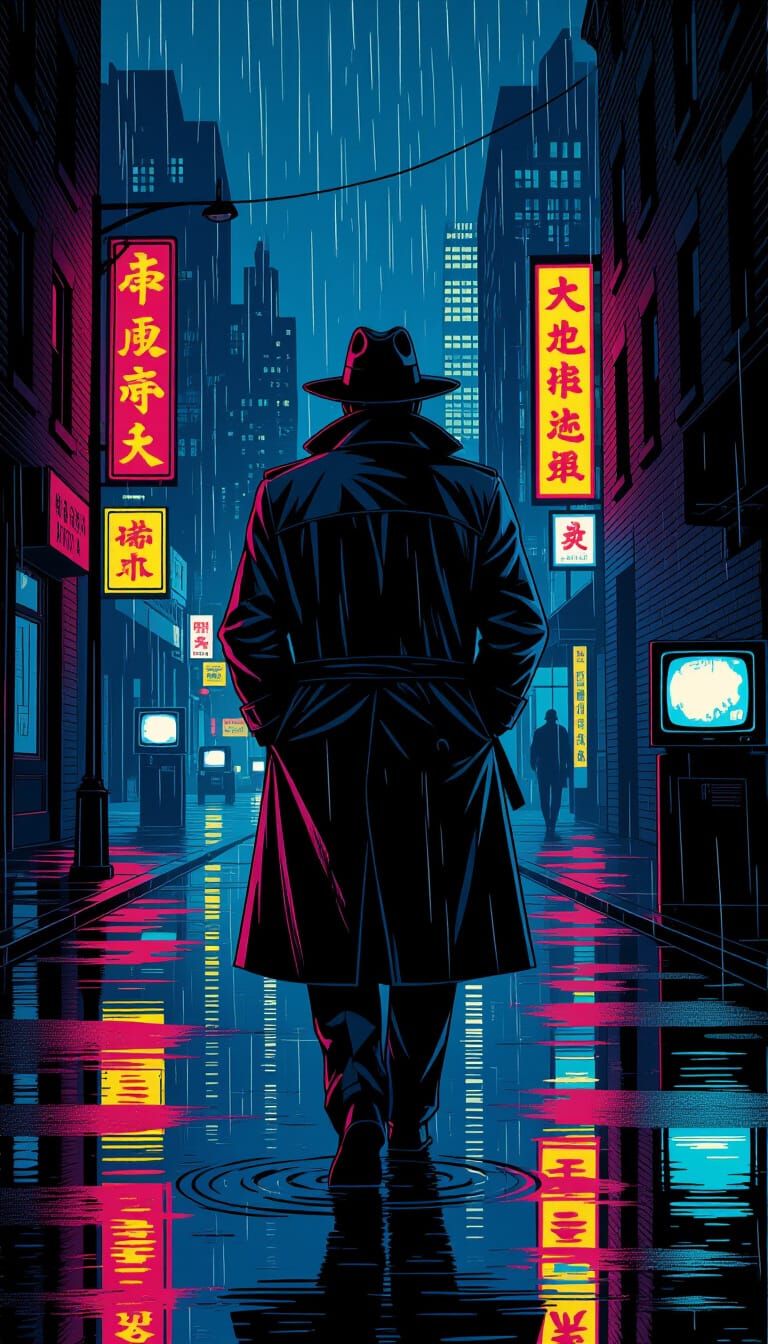 Black Detective in Noir City Street Comic Style