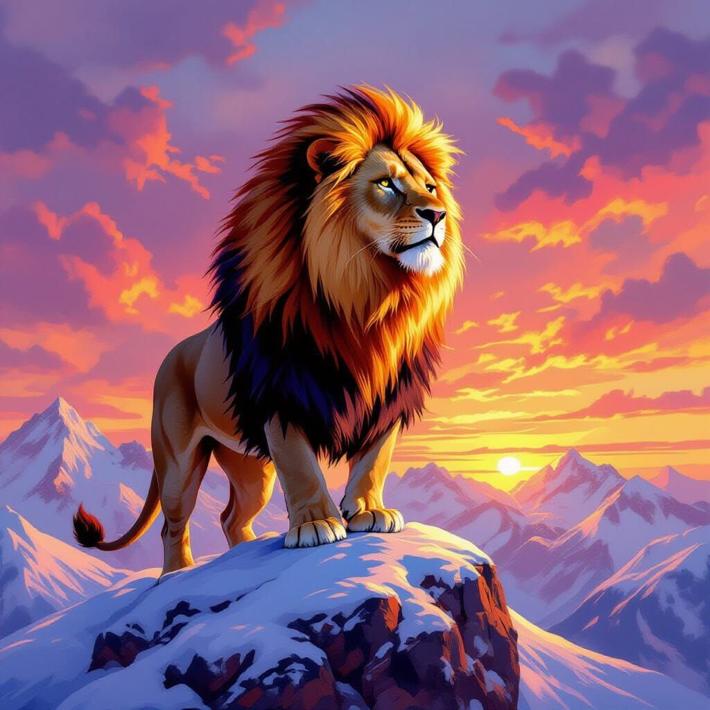 Lion with Fiery Mane on Snowy Mountain at Sunset