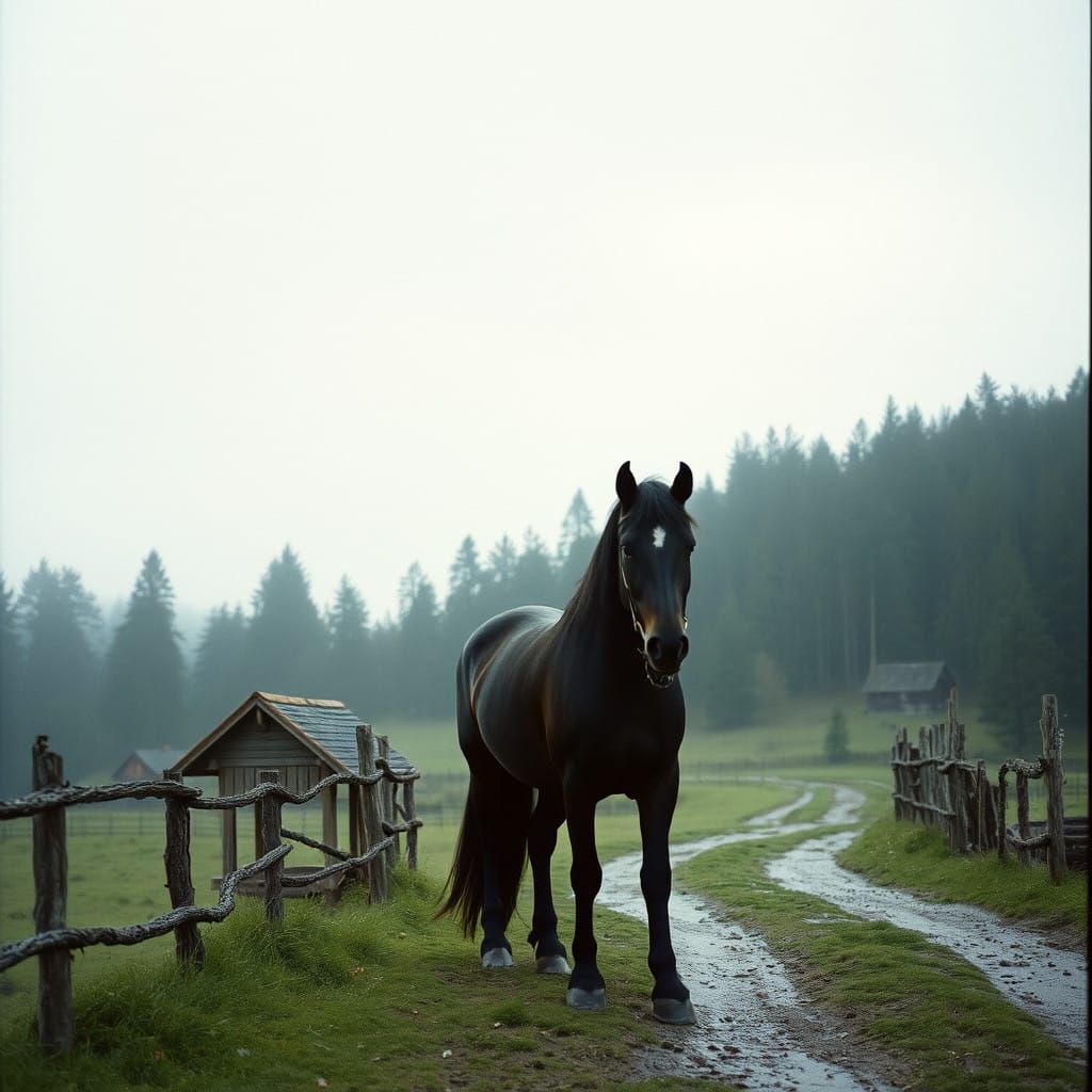 Epic Black Shire Horse in Cinematic Film Still
