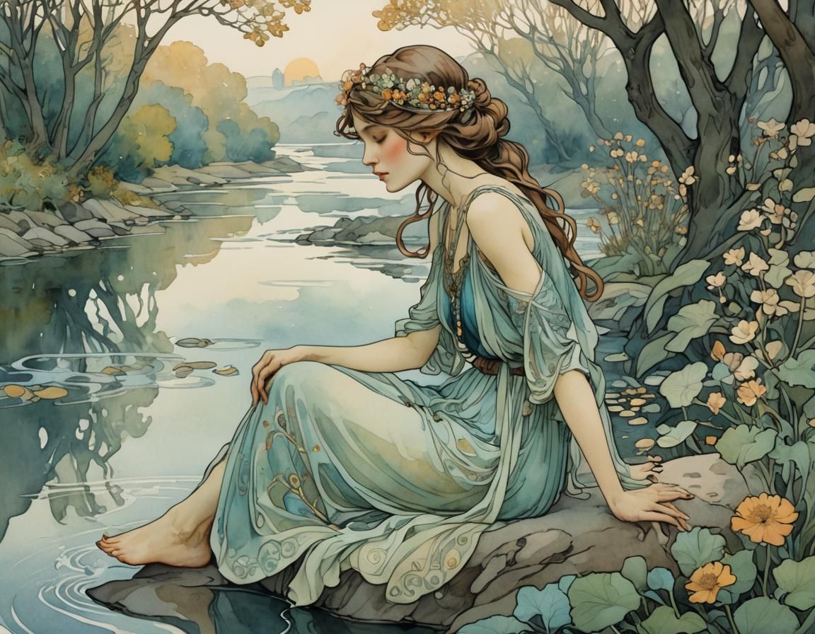 Neurographic River Scene in Art Nouveau Style