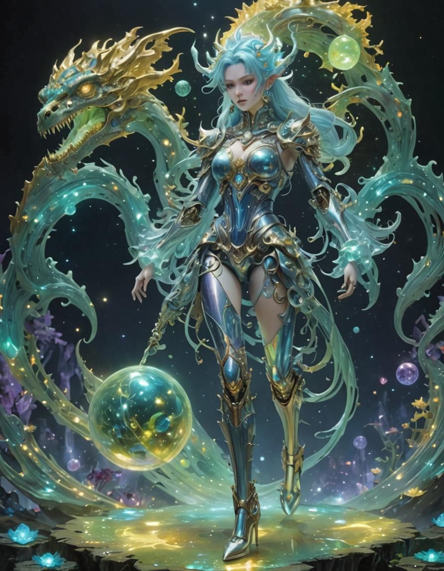 Rainbow Dragon Girl with Metal Skeleton in Anime Style