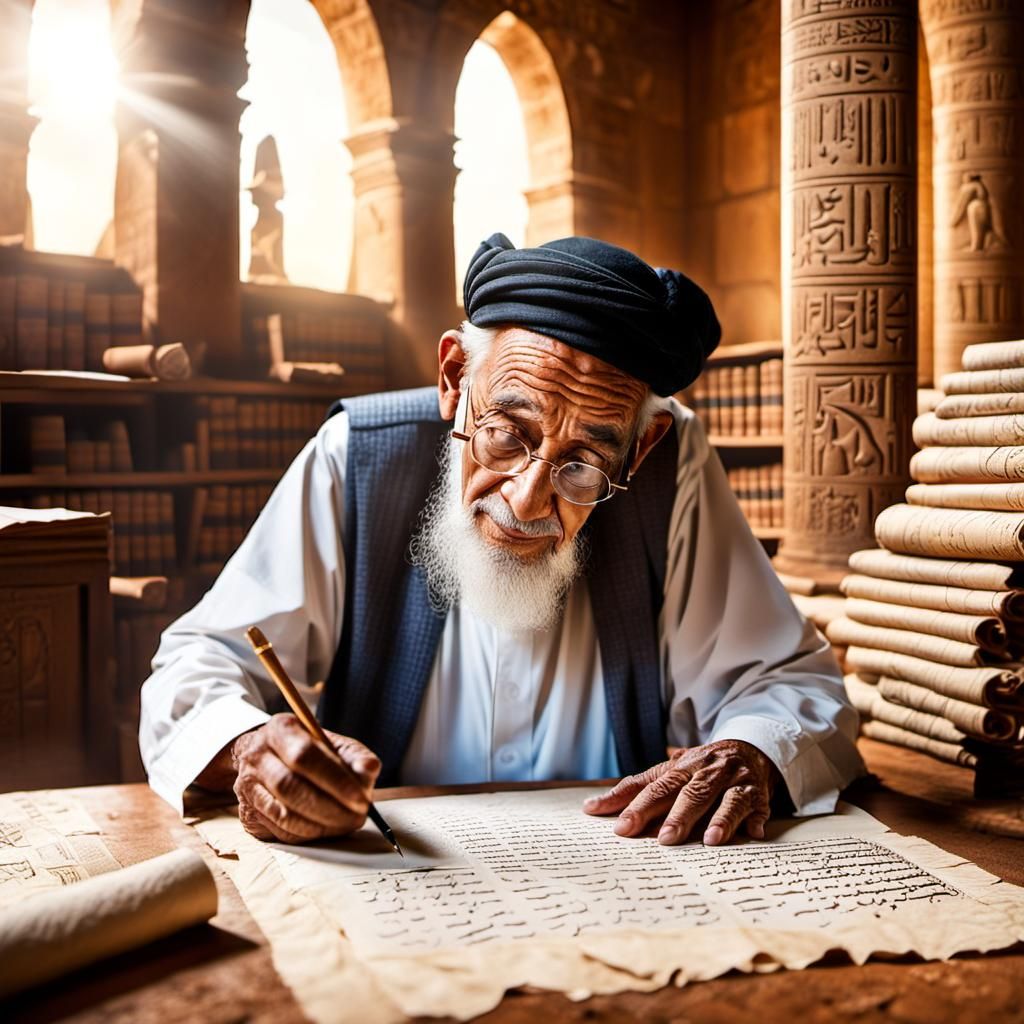 Egyptian Scholar Writing in Ancient Library