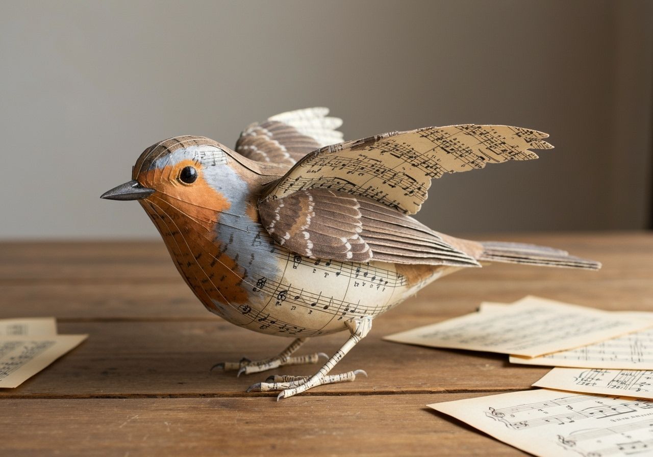 3D Paper Sculpture of a Robin From Sheet Music