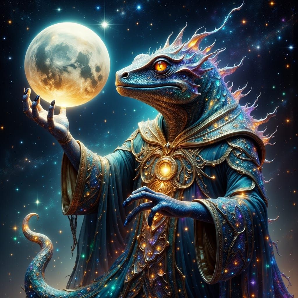 Mystical Wizard Lizard Holding the Moon