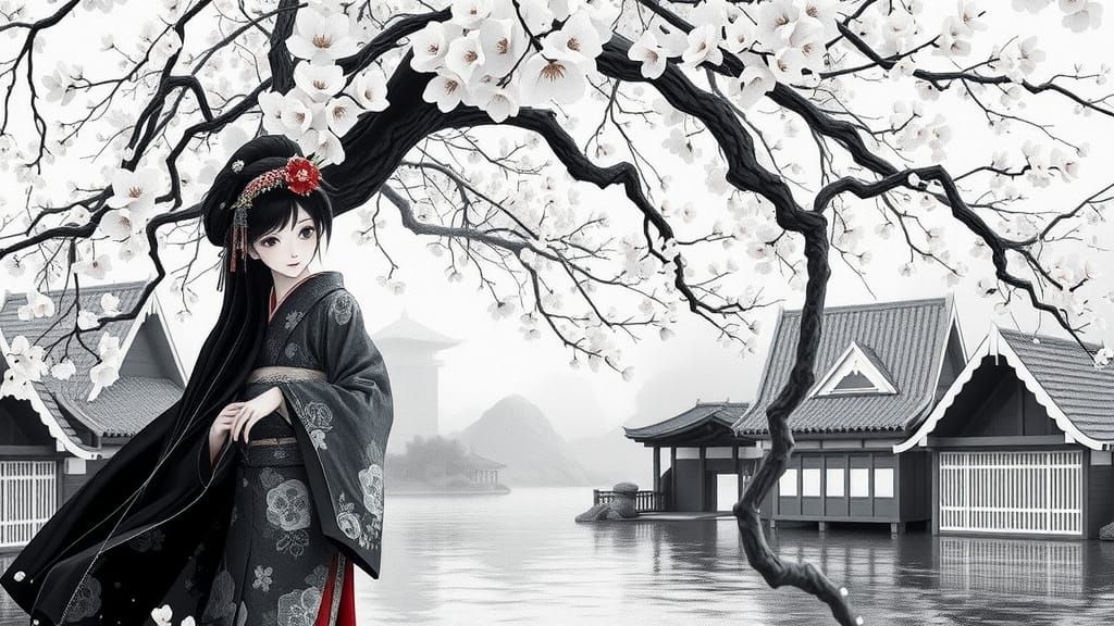 Geisha Under Cherry Tree: Antique Japanese Print Style