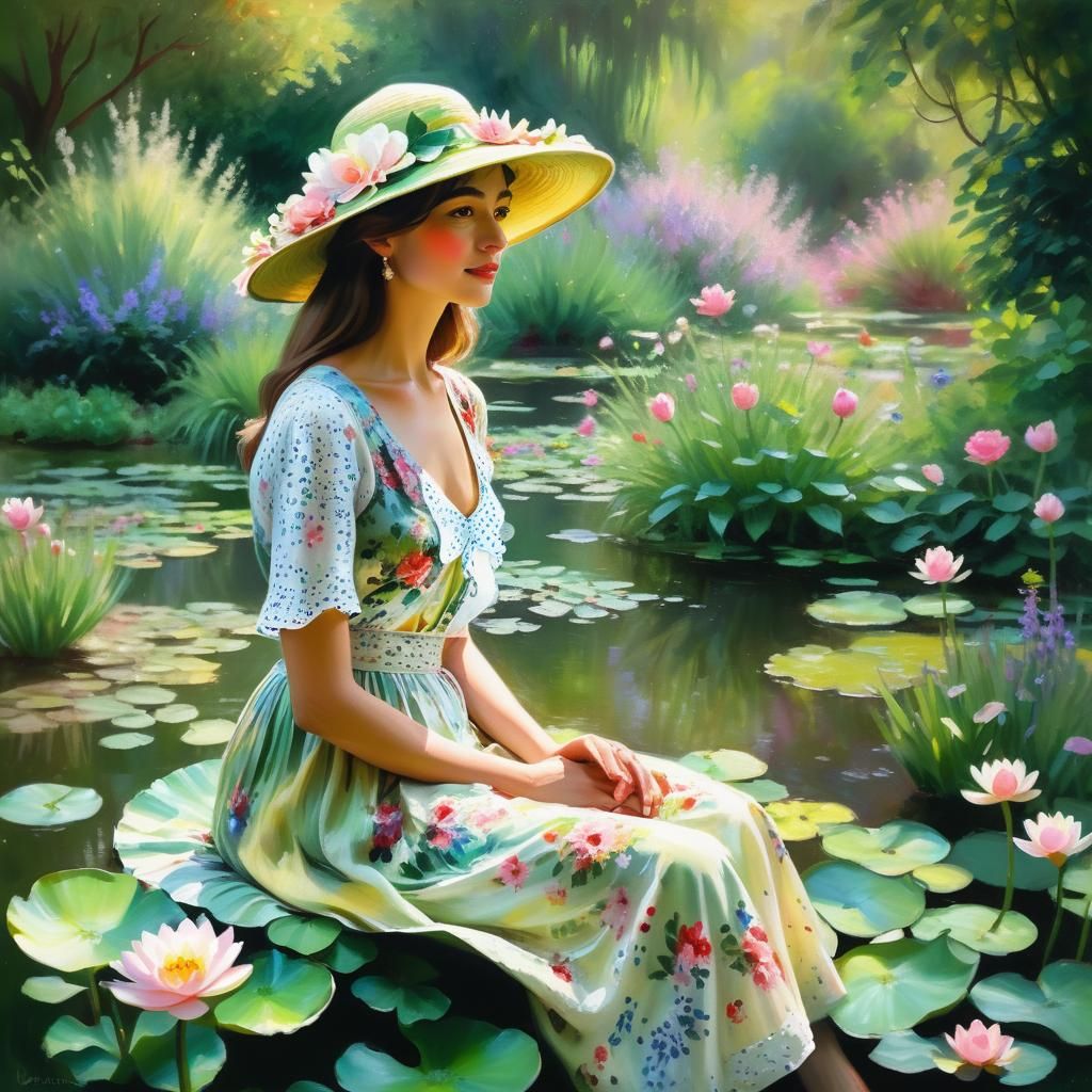 Woman with Floral Hat in Impressionist Portrait