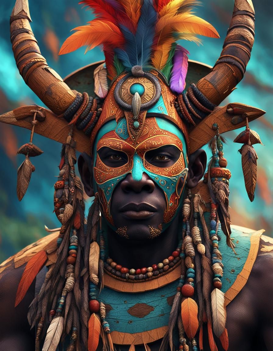Ornate African Witch Doctor Mask with Feathers