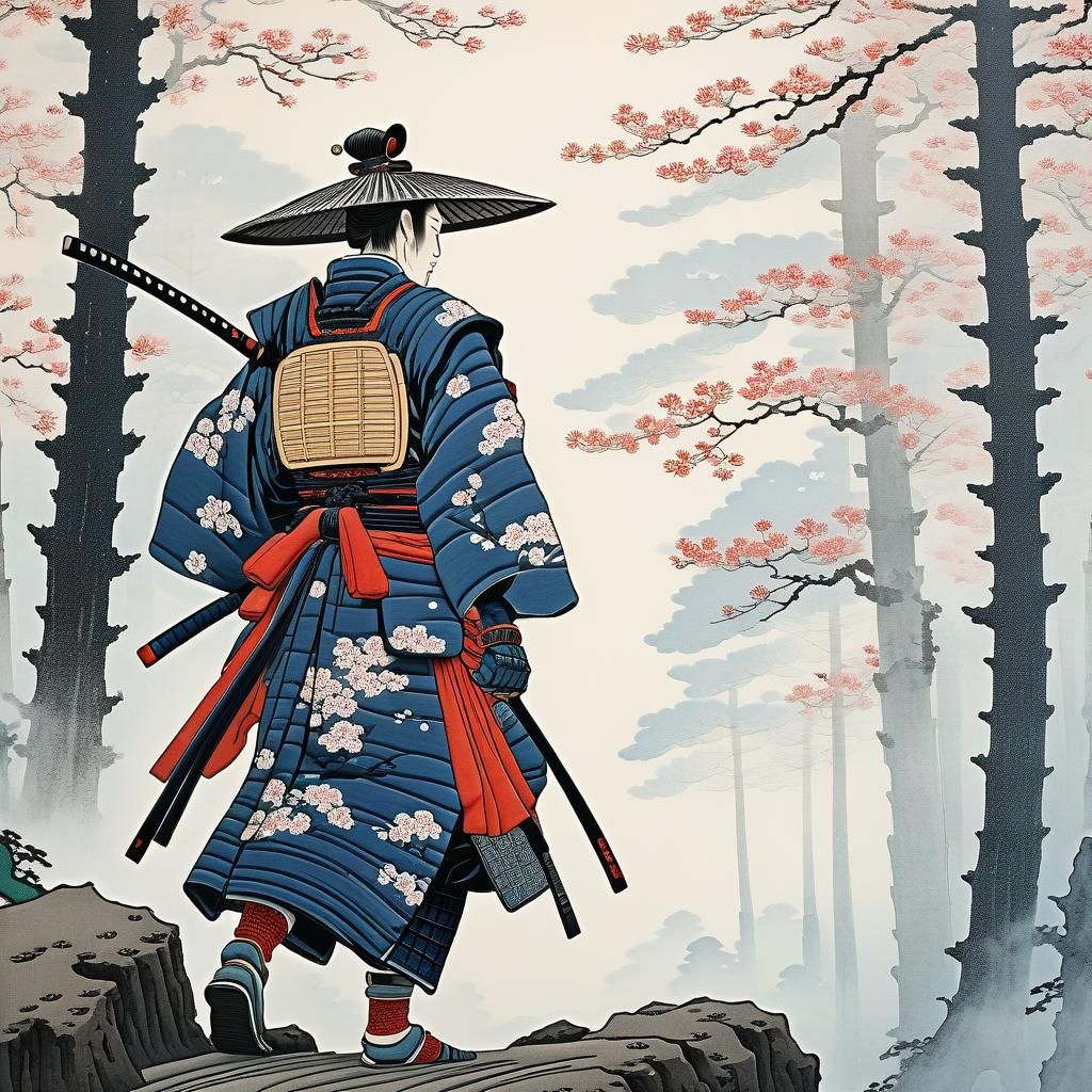 Samurai in Misty Forest: Ukiyo-e Style Woodblock Print