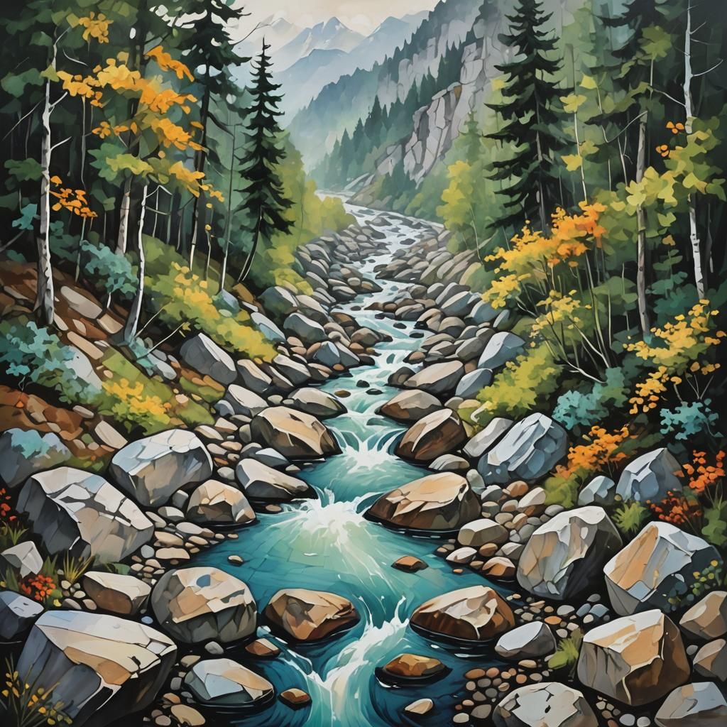 Abstract River Flowing Through Mountains