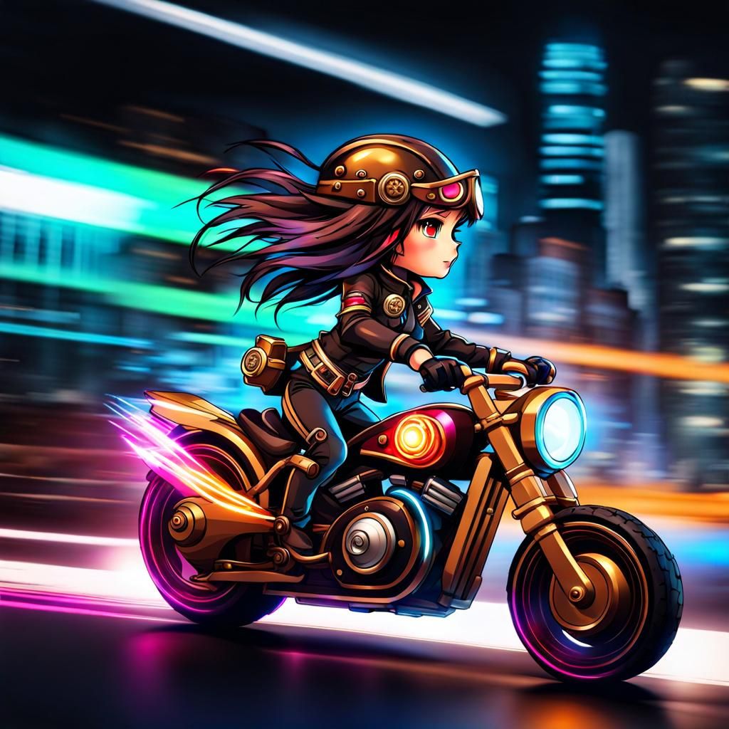 Chibi Steampunk Biker Girl Speeds Through Neon City