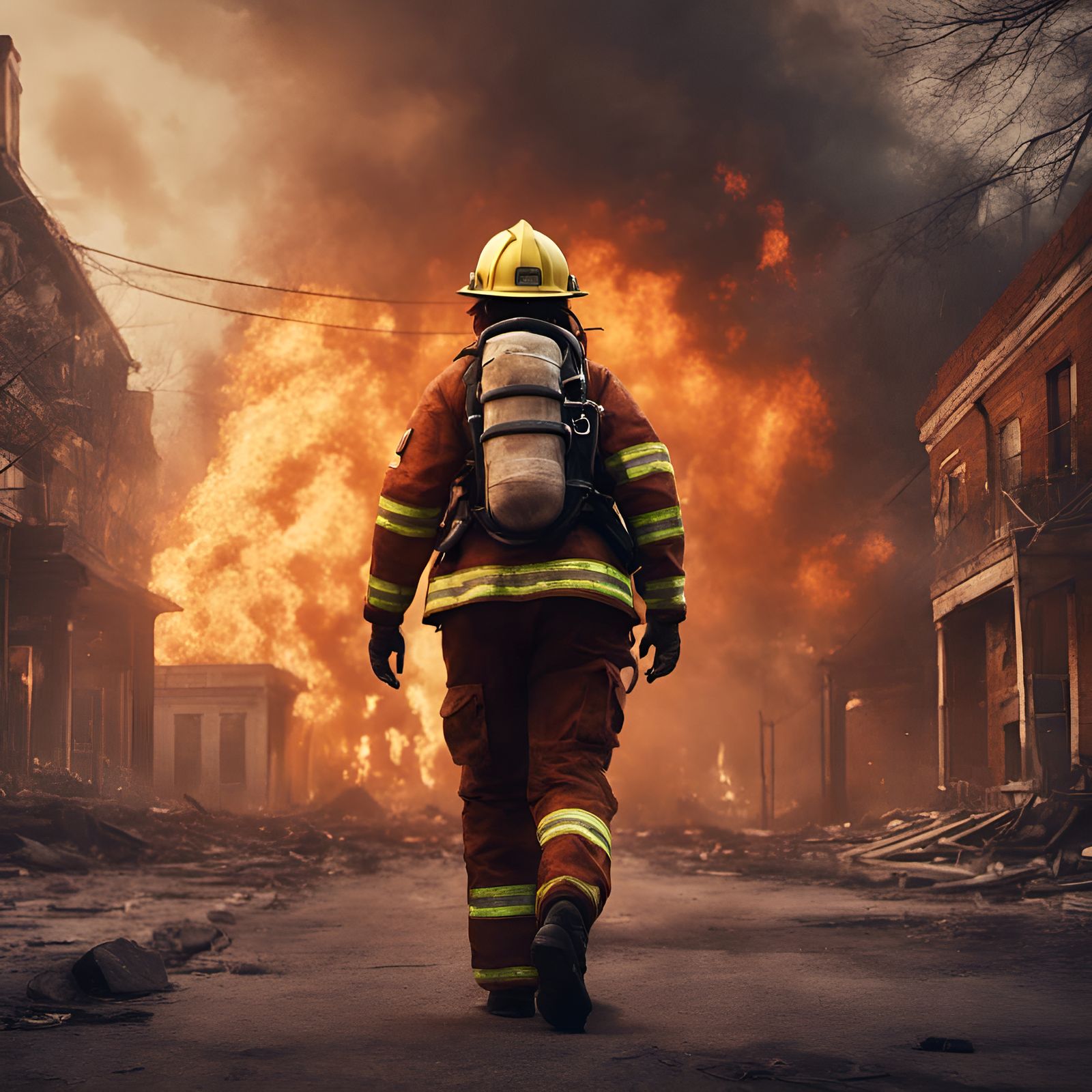 Female Firefighter in Burning Building: Fantasy Concept Art
