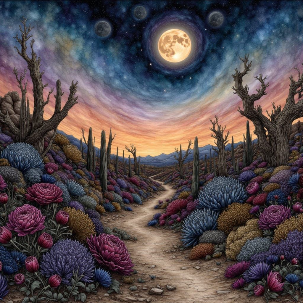 Surreal Desert Garden in Watercolor Style