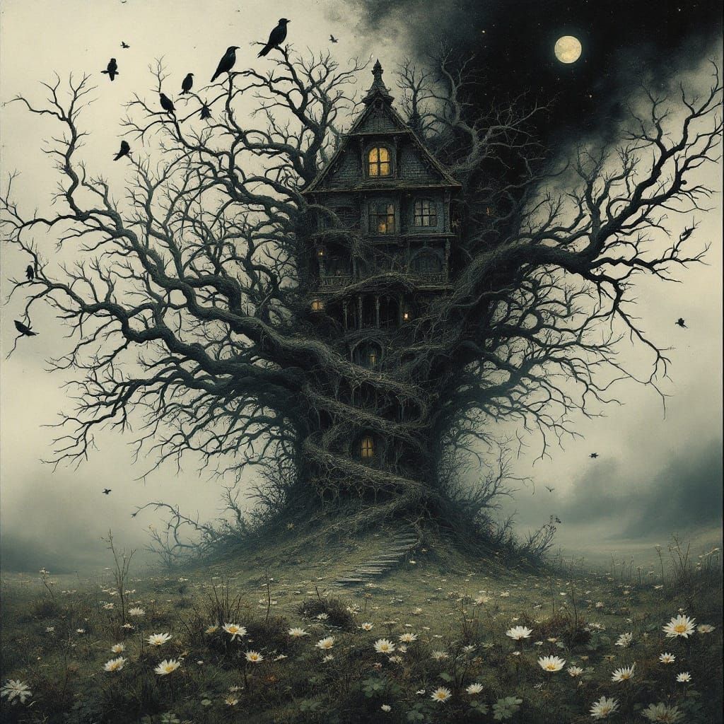 A Haunted Building Emerges from Starlight, Sheltered by Crow...