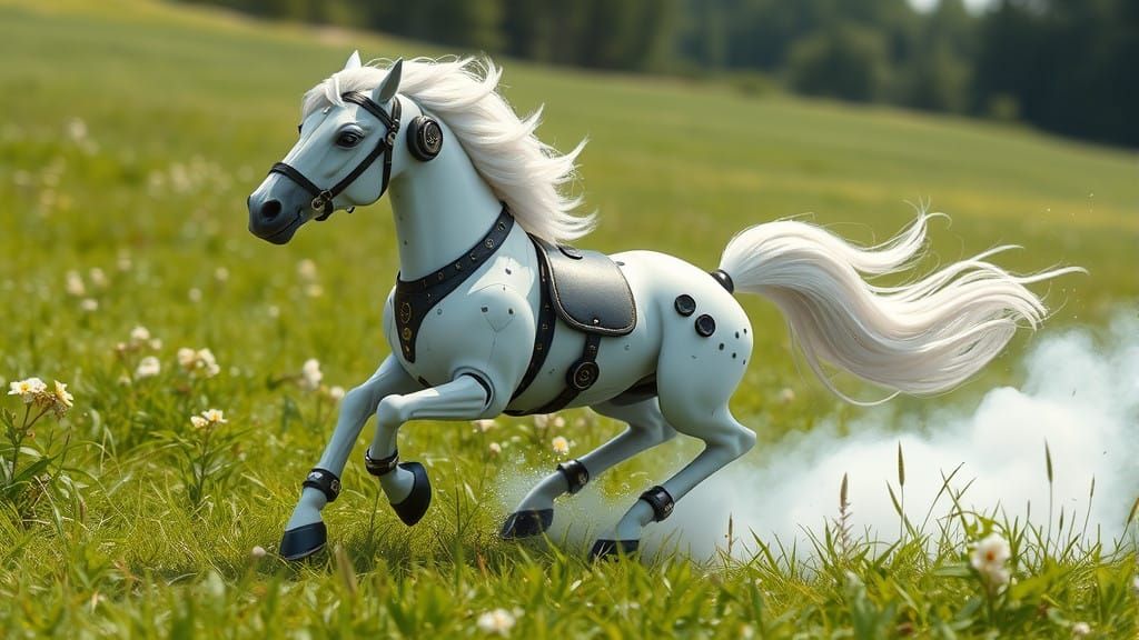 Surreal Steampunk Horse and Robot Dancer in Vibrant Grasslan...