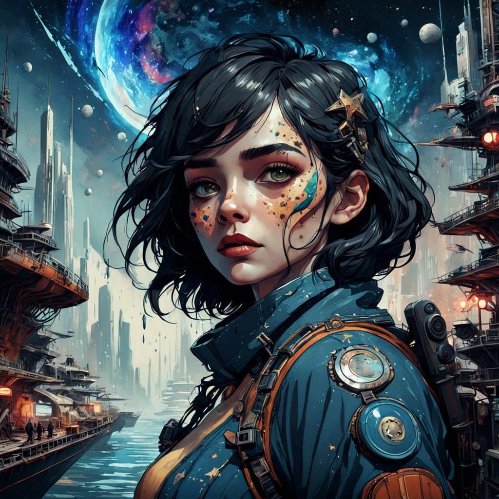 Beautiful Woman Portrait in Cosmic Galaxy
