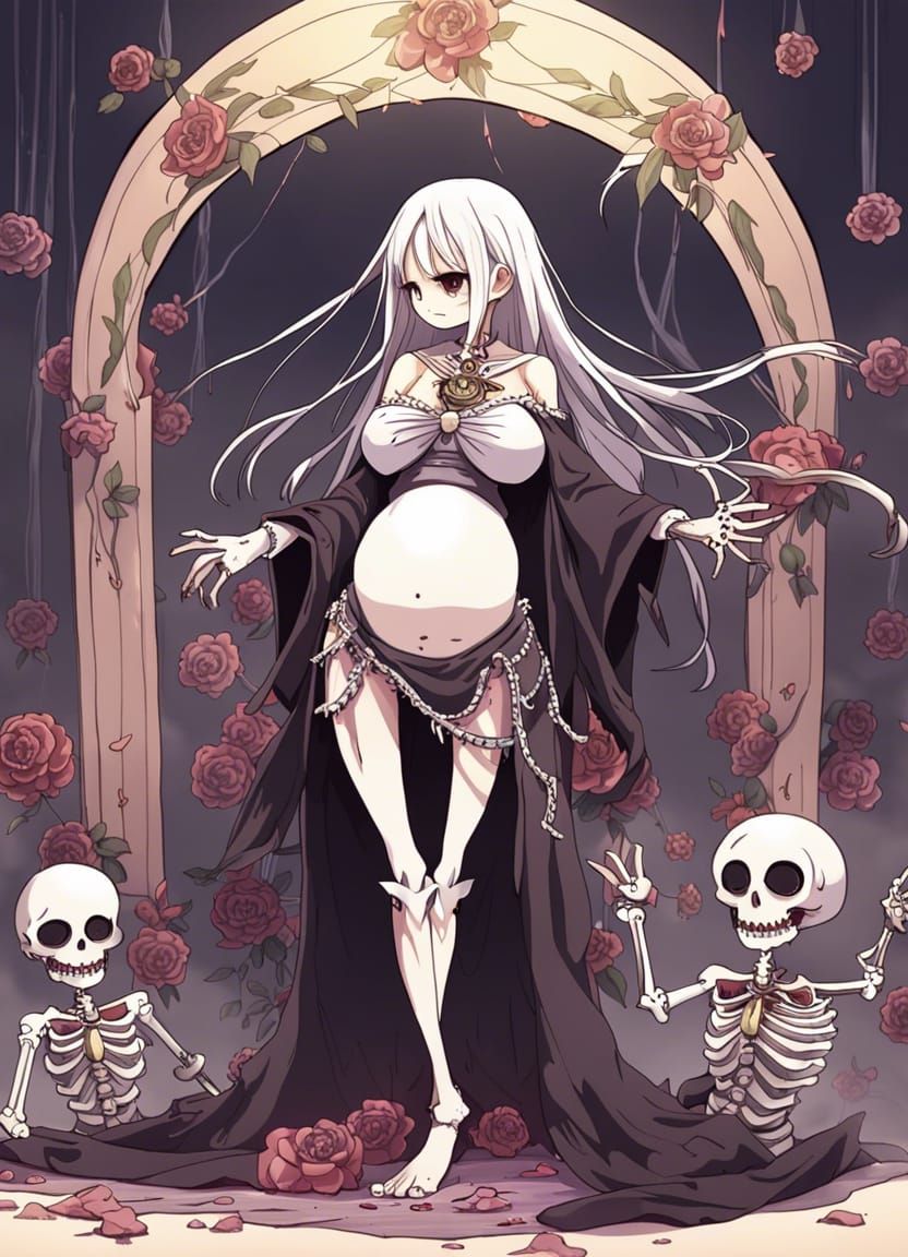 Pregnant Necromancer Girl Dancing with Skeleton in Anime Sty...